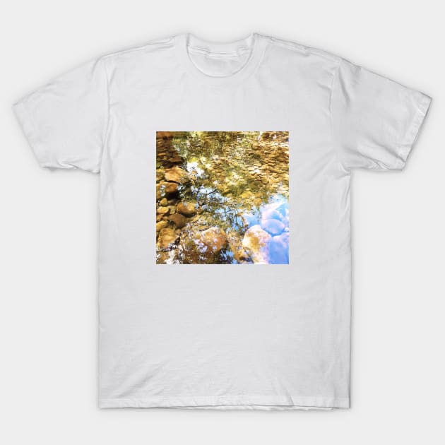 Reflection, lake, trees, pebbles, sparkle, shine, summer, river, aqua, water, spring, holiday, xmas, nature, adventure, rocks, sun, exotic, tropical, blue, turquoise, tan, tree T-Shirt by PrintedDreams